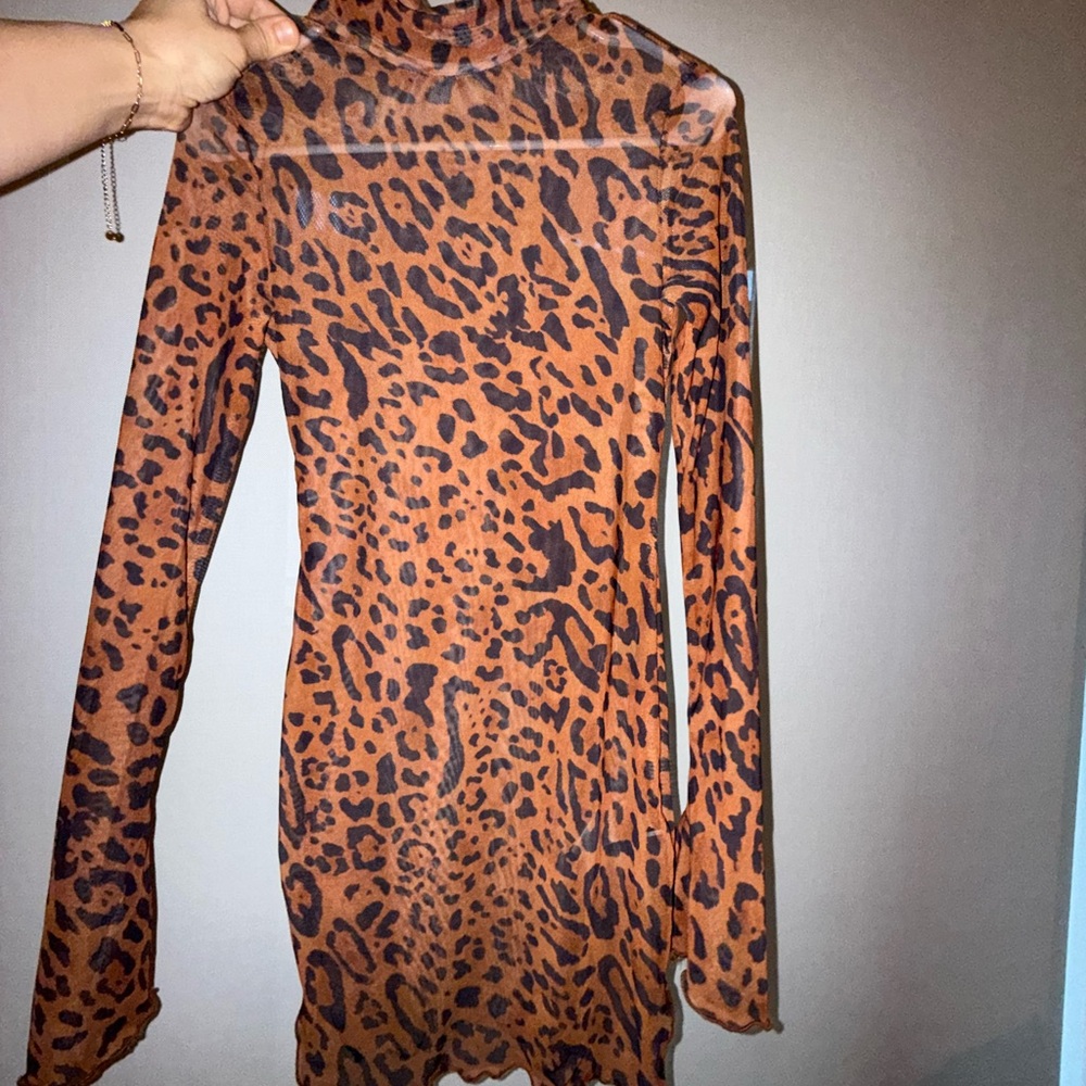 Leopard animal Print Long Sleeve Dress cover up sheer mesh brand new never worn - Picture 9 of 11